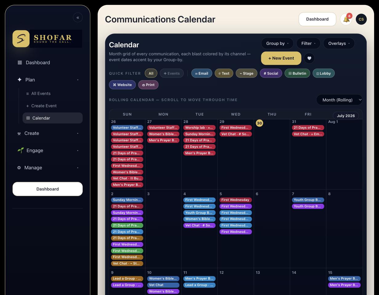 Shofar's main calendar, showing every event and channel in one view