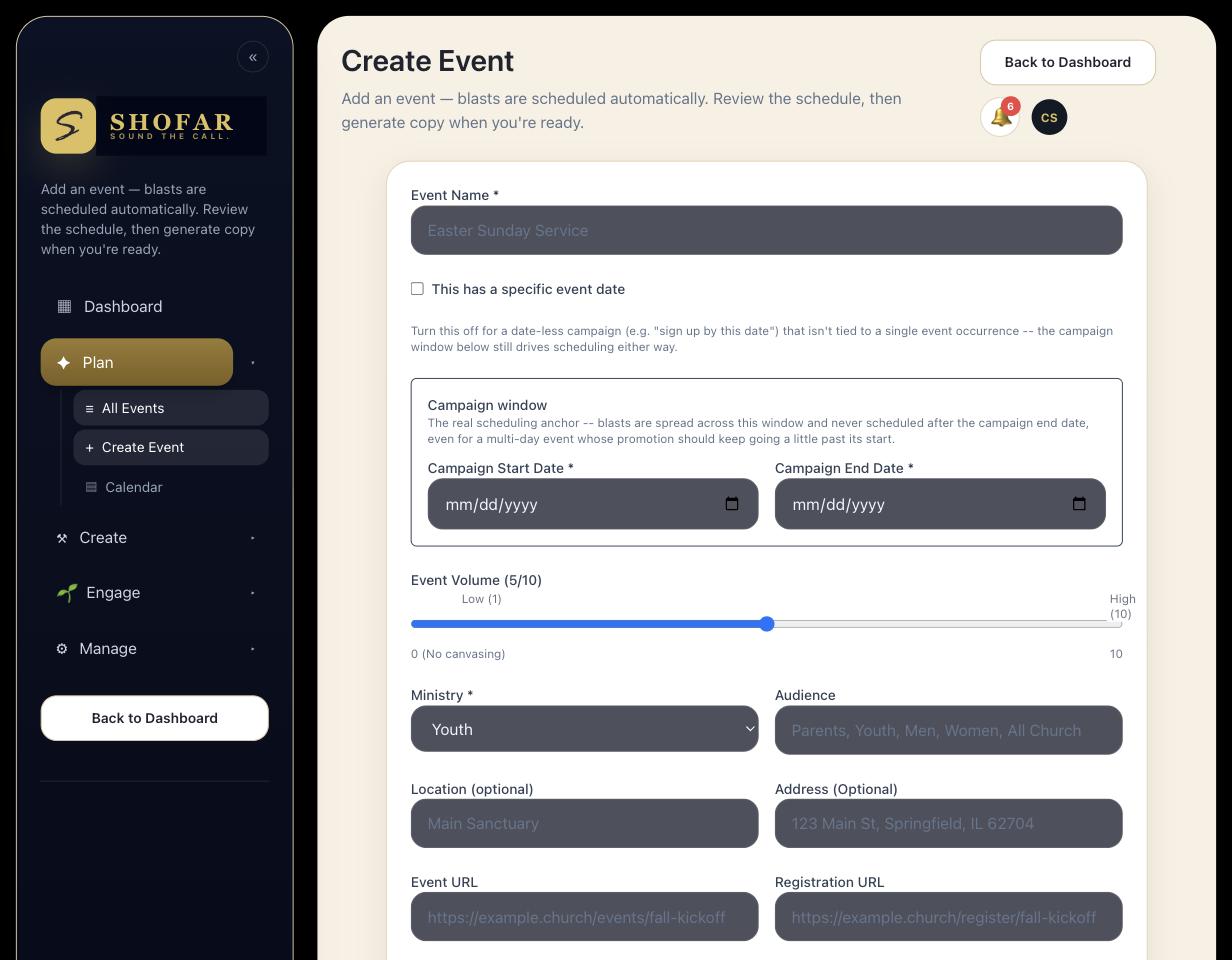 Shofar event creation form for planning church communications