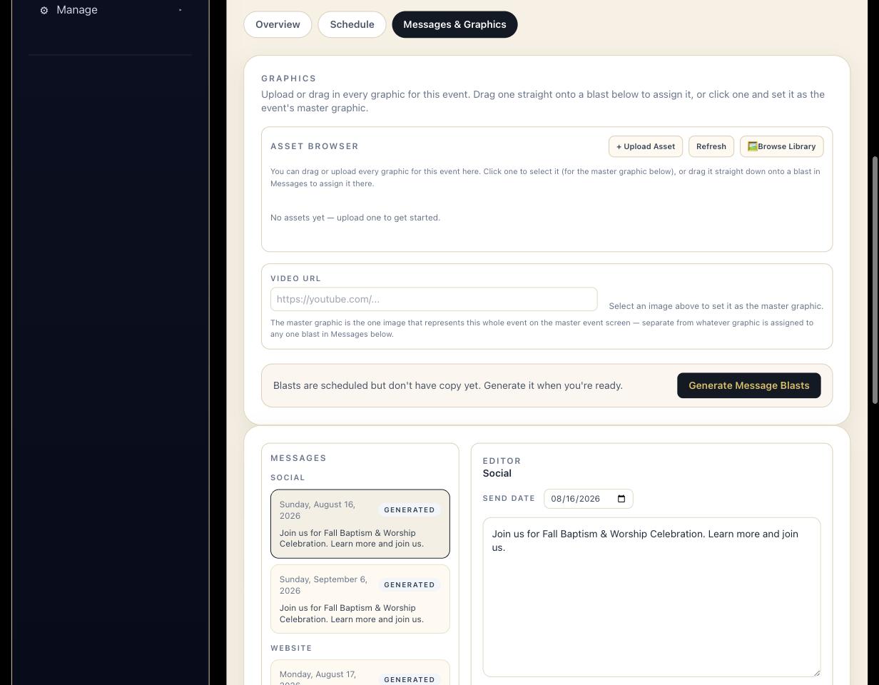 Shofar screen showing announcement copy drafted automatically for email, text, and social from a single event