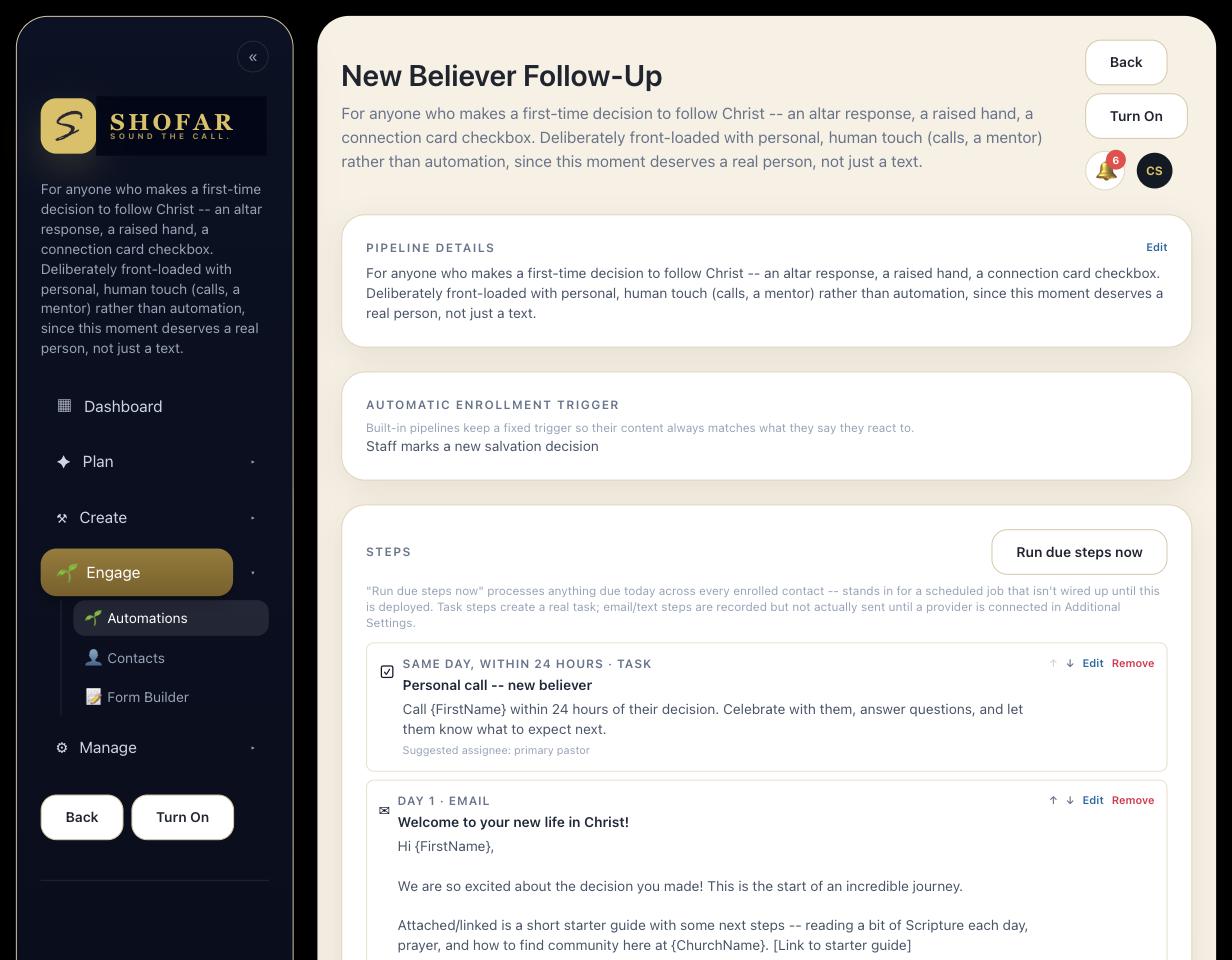 Shofar new believer follow-up automation workflow