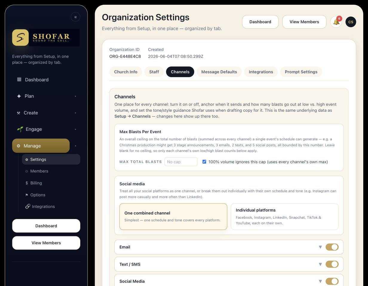 Shofar communication channel settings for church messaging