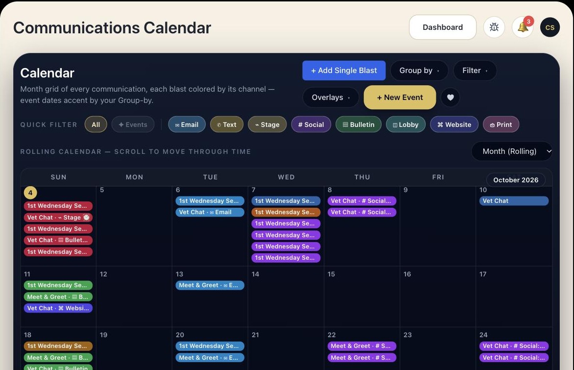Shofar event management calendar showing scheduled messages across every event
